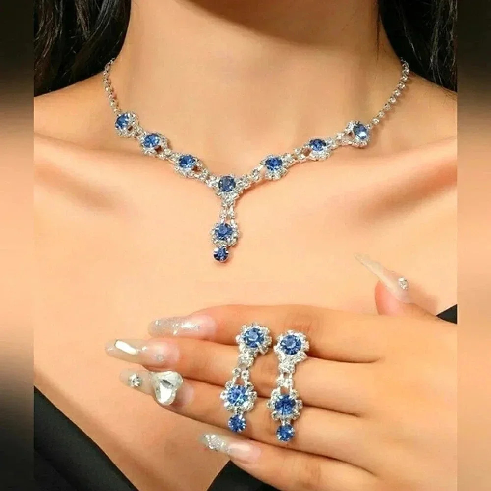Necklace Earring Set Wedding Guest Blue Crystal Cubic Zirconia Cocktail